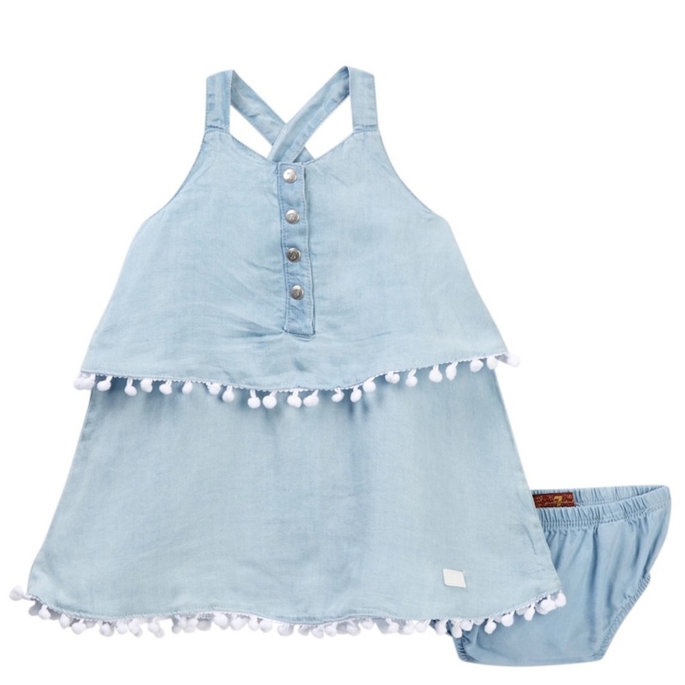 7 for All Mankind Tiered Pompom Denim Dress